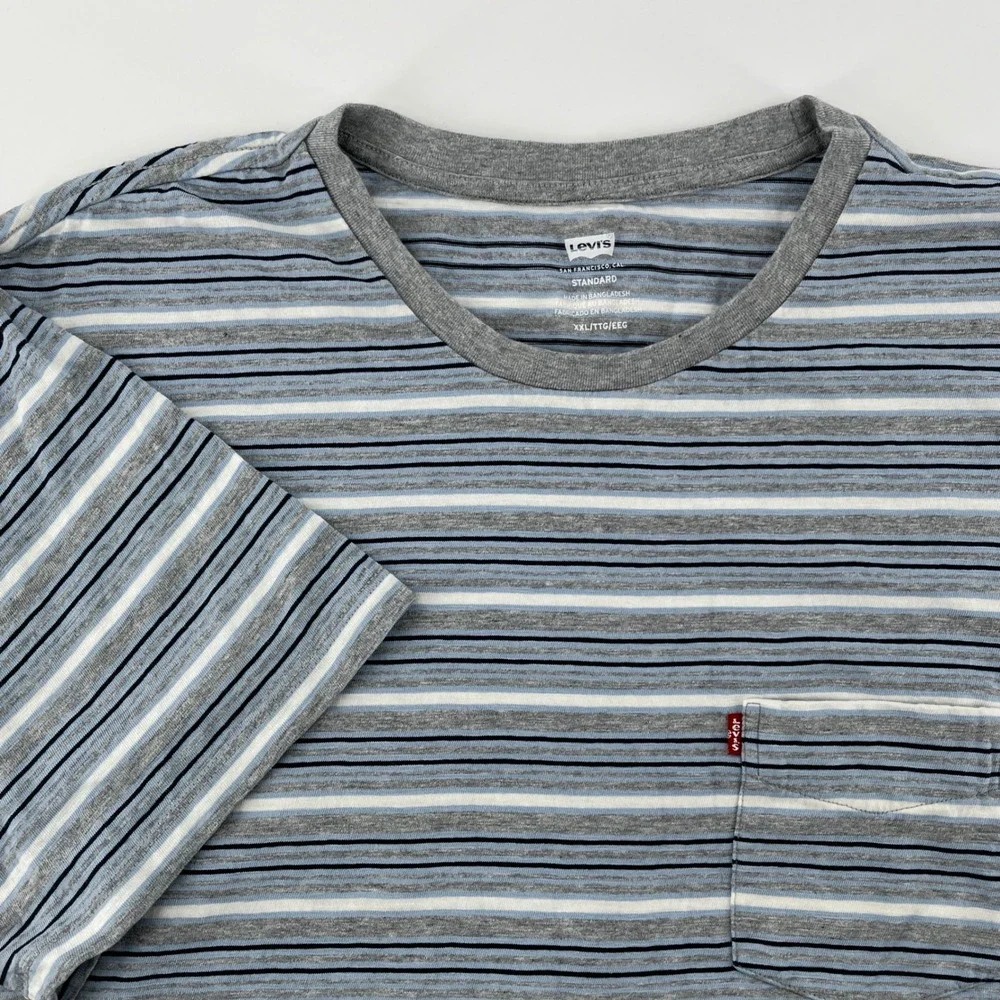 Levi's Pocket T-Shirt, Mens, XXL, Blue Grey, Striped Short Sleeve Crewneck